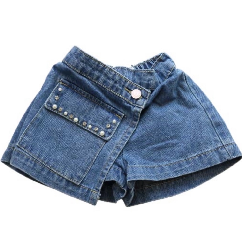 Denim Skort with rhinestone and pearl pocket trim